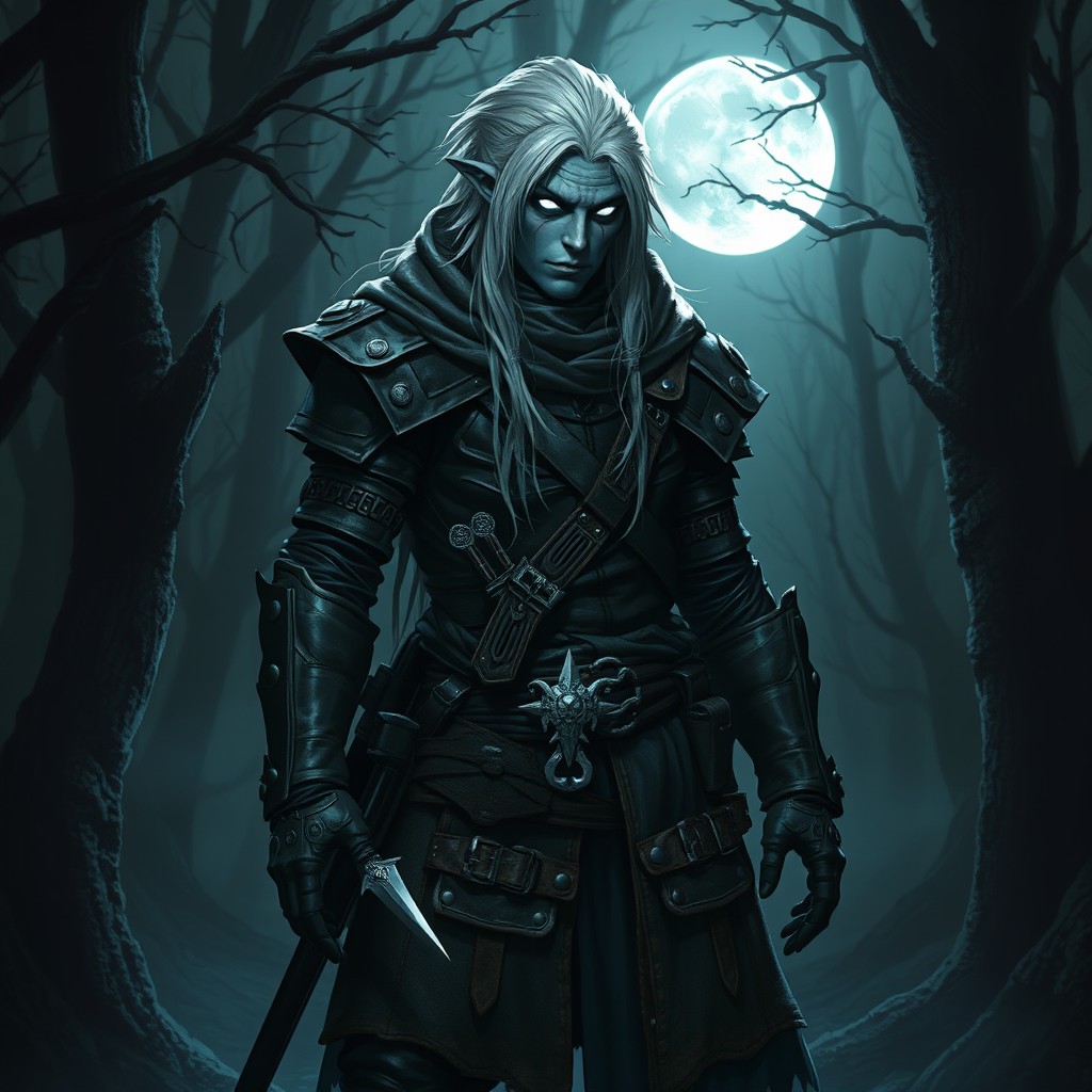 A male Shadar-Kai rogue character from Dungeons and Dragons 5E, standing 5 feet tall