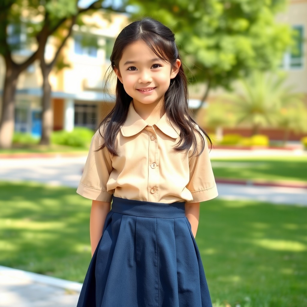 A schoolgirl with a dark blue skirt and a beige shirt, standing in a casual pose in a sunny schoolyard
