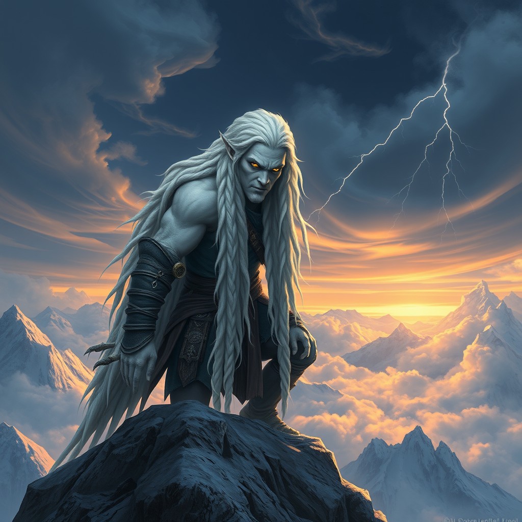A striking background for a D&D 5E Goliath Cloudgiant rogue, who stands an impressive 6'9" tall