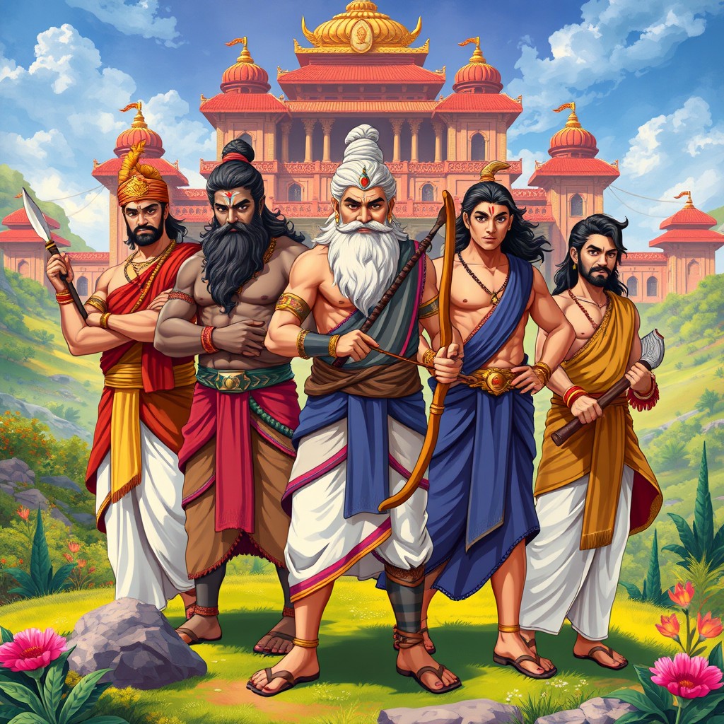 A vivid and dramatic illustration depicting the five Pandavas, heroes from the Indian epic Mahabharata