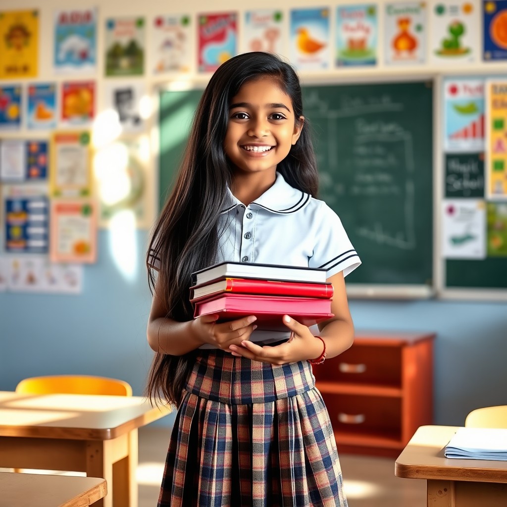 A cheerful Indian schoolgirl with long black hair, wearing a traditional school uniform consisting of a plaid skirt and a white blouse, standing in a classroom filled with colorful educational posters on the walls