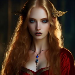 Generate an image of Francesca Findabair, described as the most beautiful woman in the world with sharp elven features and long pointed ears. Her captivating blue eyes are outlined with dark kohl make-up, and she has long golden hair styled majestically. She dons a lavish crimson dress and a red Ruby necklace.