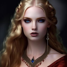 Generate an image of Francesca Findabair, described as the most beautiful woman in the world with sharp elven features and long pointed ears. Her captivating blue eyes are outlined with dark kohl make-up, and she has long golden hair styled majestically. She dons a lavish crimson dress and a red Ruby necklace.