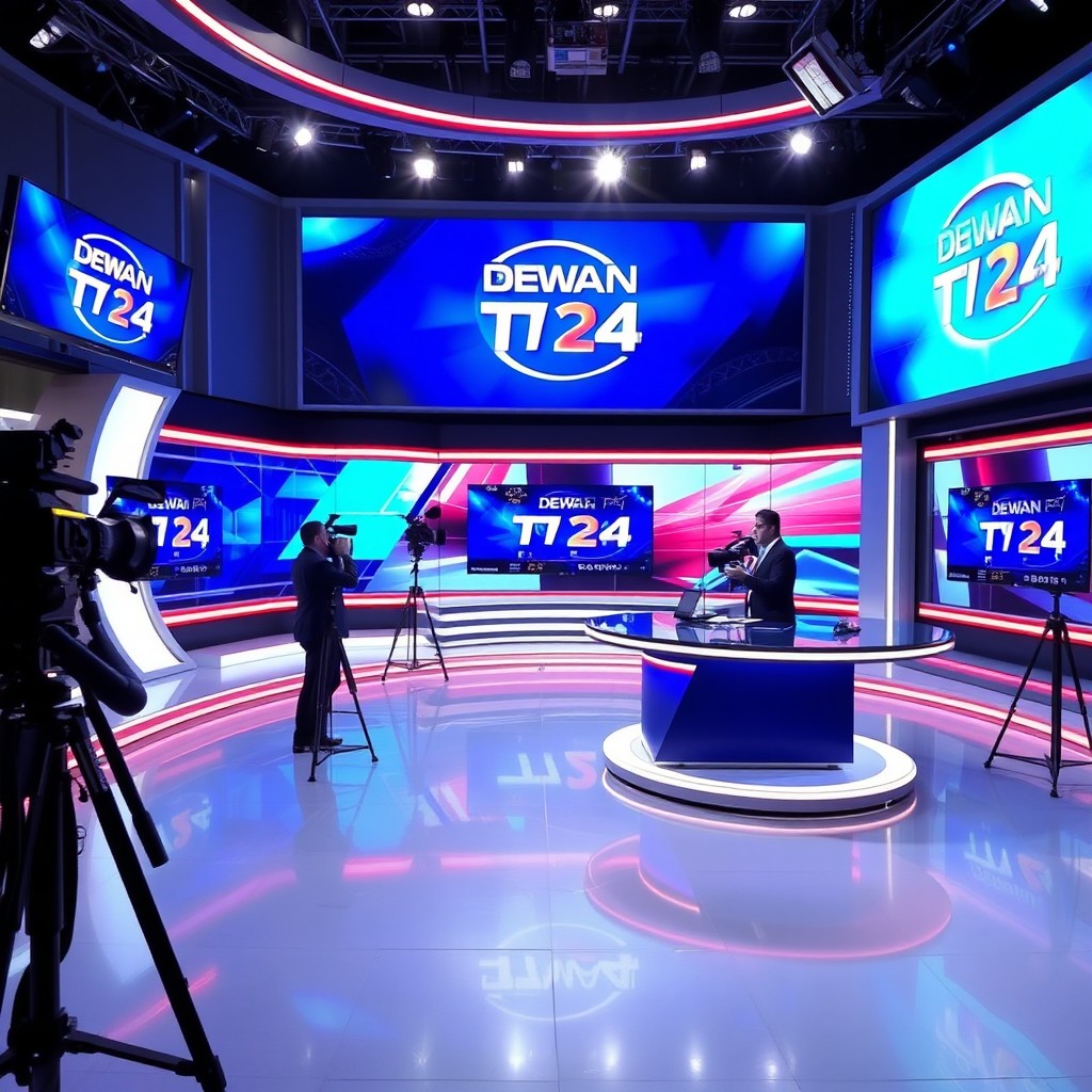 A modern and sleek television studio interior for a news channel, featuring a vivid backdrop with the logo of 'DEWAN TV 24'