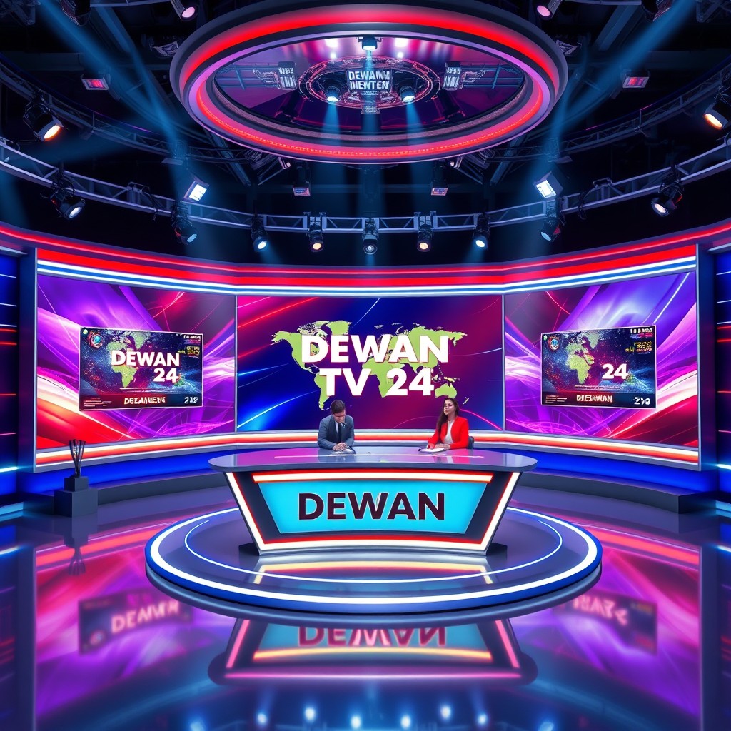 A stunning digital artwork of a modern TV studio setting for a fictional news channel named 'DEWAN TV 24'