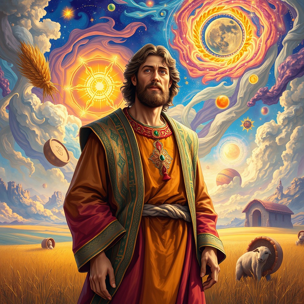A vivid and colorful depiction of Joseph the Dreamer from the Bible, wearing a richly ornamented coat, surrounded by swirling visions and dream-like imagery