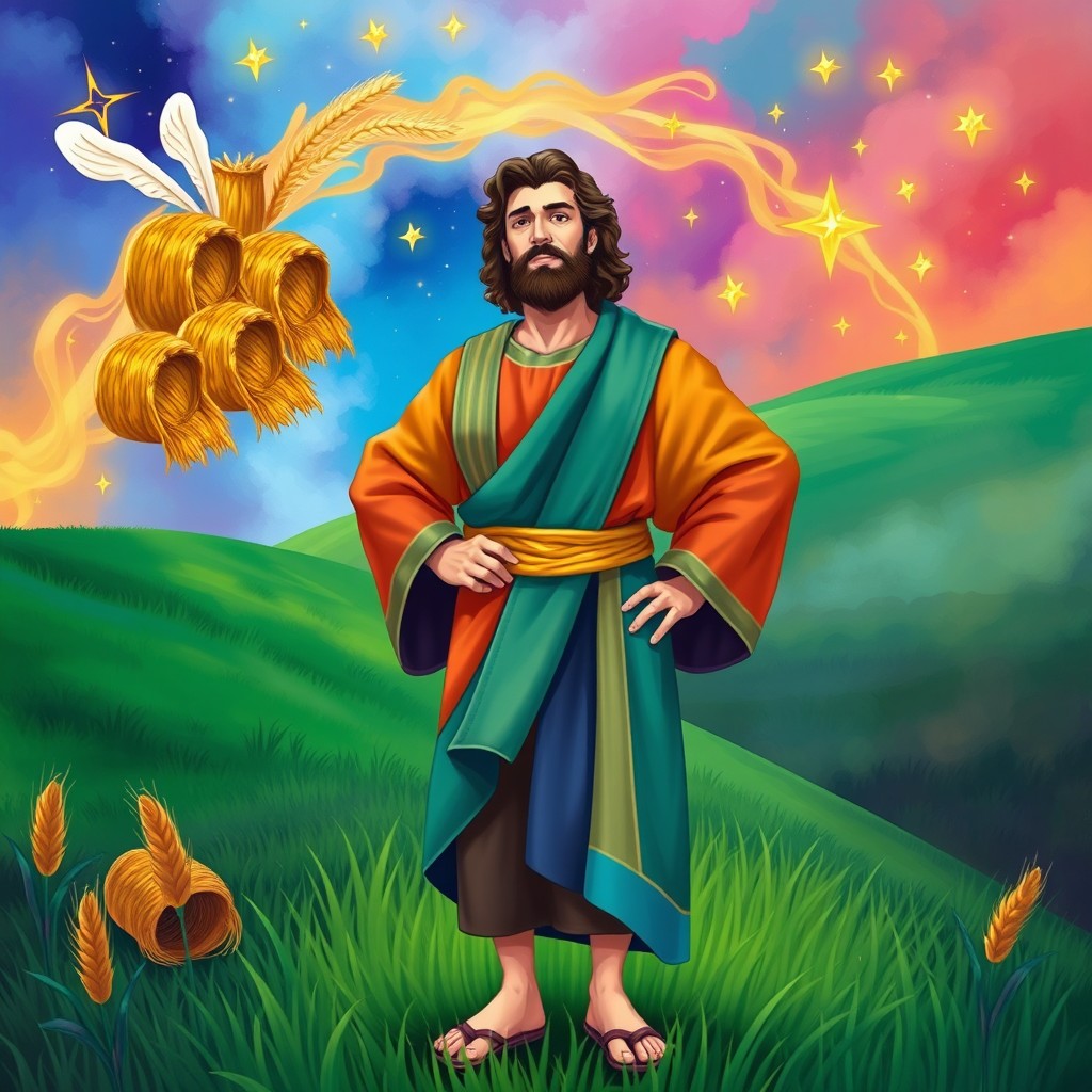 A vibrant and colorful illustration of Joseph the Dreamer from the Bible, wearing a beautifully detailed, multicolored coat of many colors