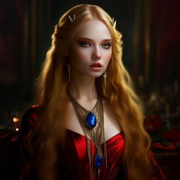 Generate an image of Francesca Findabair, described as the most beautiful woman in the world with sharp elven features and long pointed ears. Her captivating blue eyes are outlined with dark kohl make-up, and she has long golden hair styled majestically. She dons a lavish crimson dress and a red Ruby necklace.