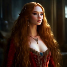 Generate an image of Francesca Findabair, described as the most beautiful woman in the world with sharp elven features and long pointed ears. Her captivating blue eyes are outlined with dark kohl make-up, and she has long golden hair styled majestically. She dons a lavish crimson dress and a red Ruby necklace.