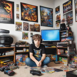 A young kid sitting in his gaming-themed bedroom, surrounded by video game posters, action figures, and a flashy PC setup