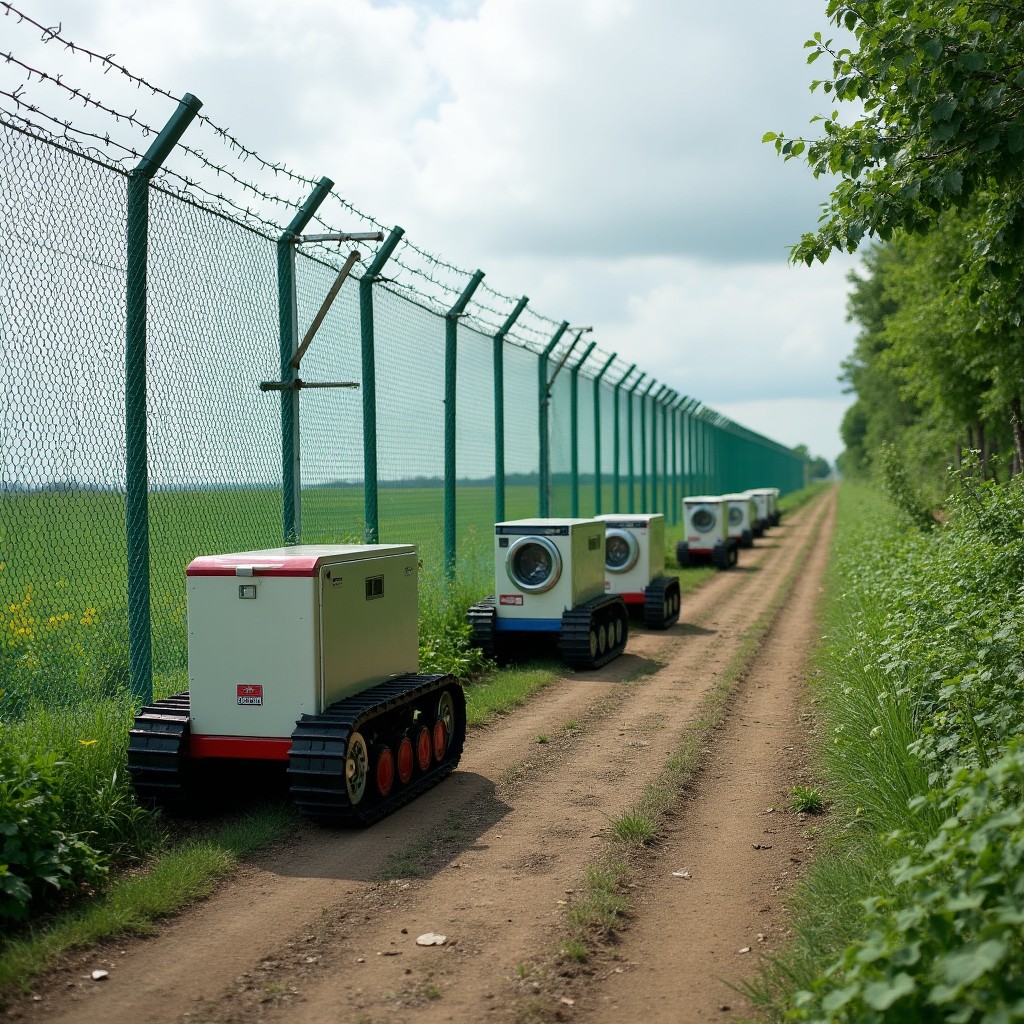 A border fence in Estonia, featuring a long, green mesh and barbed wire design