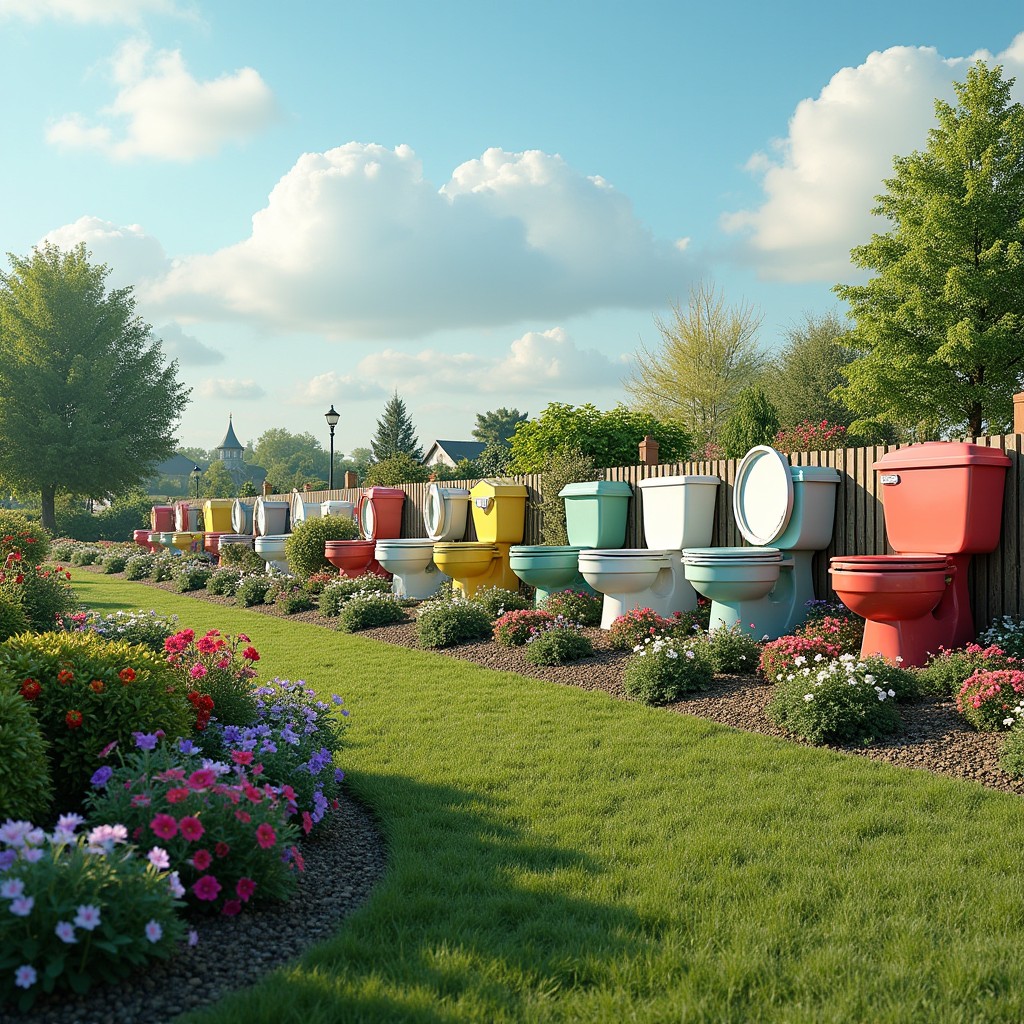 A whimsical garden fence made of household appliances and toilets arranged to resemble tank treads