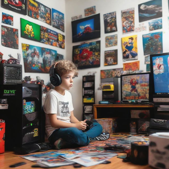 A young kid sitting in his gaming-themed bedroom, surrounded by video game posters, action figures, and a flashy PC setup