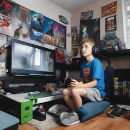 A young kid sitting in his gaming-themed bedroom, surrounded by video game posters, action figures, and a flashy PC setup