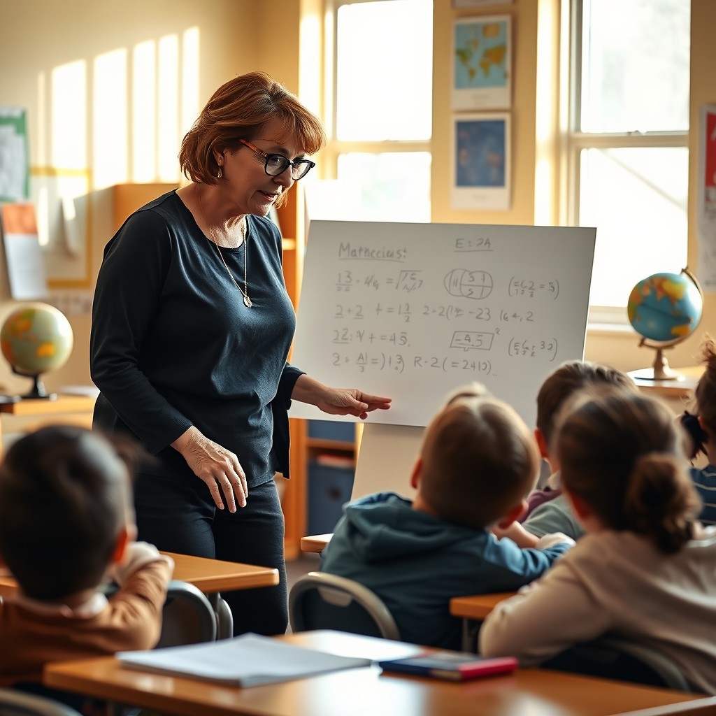 A dedicated teacher in a warm, inviting classroom setting, engaged in explaining a complex math concept to a group of diverse students seated at their desks