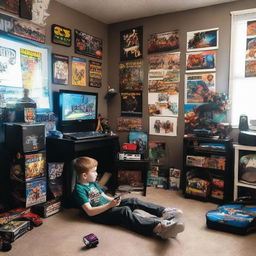 A young kid sitting in his gaming-themed bedroom, surrounded by video game posters, action figures, and a flashy PC setup