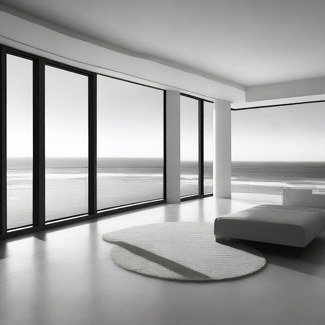 An aesthetically abstract black and white digital art, depicting a spacious modern room with a balcony