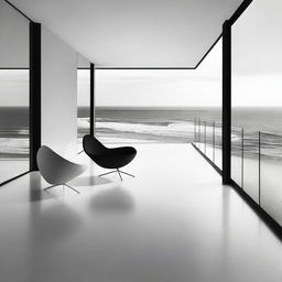 An aesthetically abstract black and white digital art, depicting a spacious modern room with a balcony