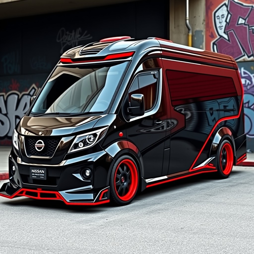 A modified Nissan Caravan bus with a sleek design, painted in bold black and striking red accents