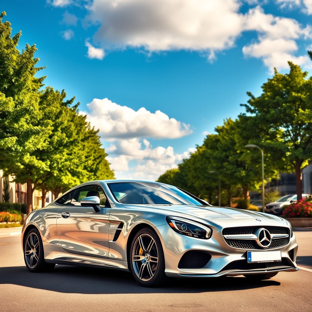 A stunning and sleek Mercedes-Benz car parked on a picturesque sunny street