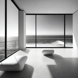 An aesthetically abstract black and white digital art, depicting a spacious modern room with a balcony