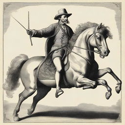 A man clad in logical, scientific attire, seated on a majestic horse gracefully galloping forward