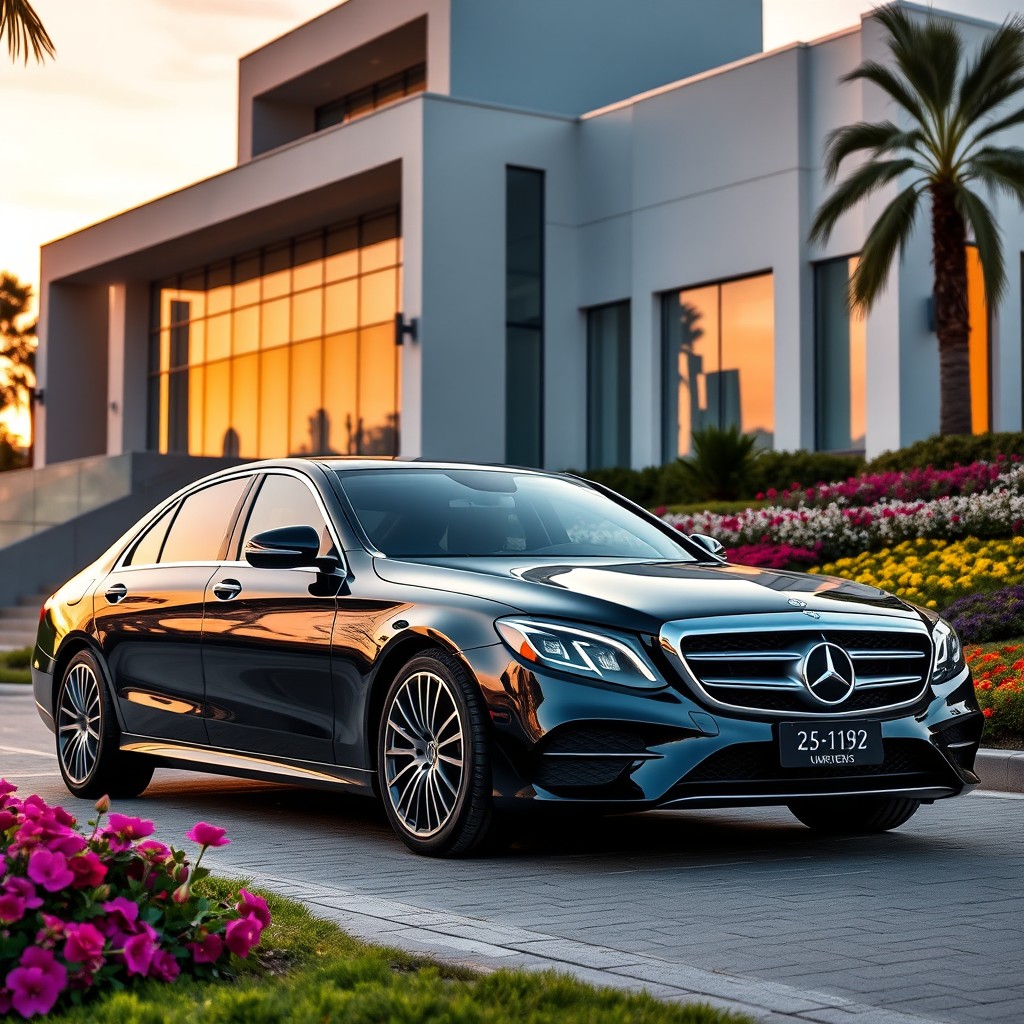 An elegant Mercedes-Benz luxury sedan parked in front of a modern architectural building