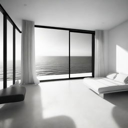 An aesthetically abstract black and white digital art, depicting a spacious modern room with a balcony