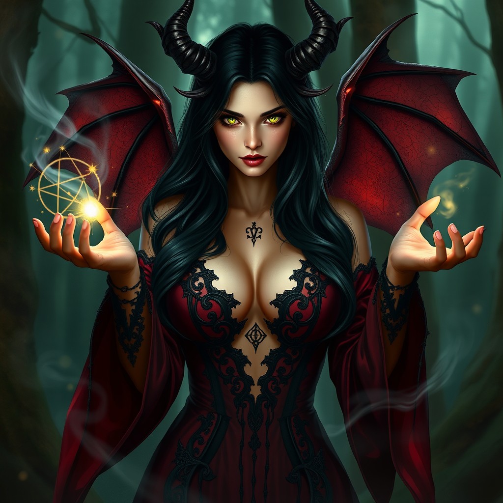 A realistic depiction of a succubus warlock, featuring an enchanting female figure with delicate, yet striking features