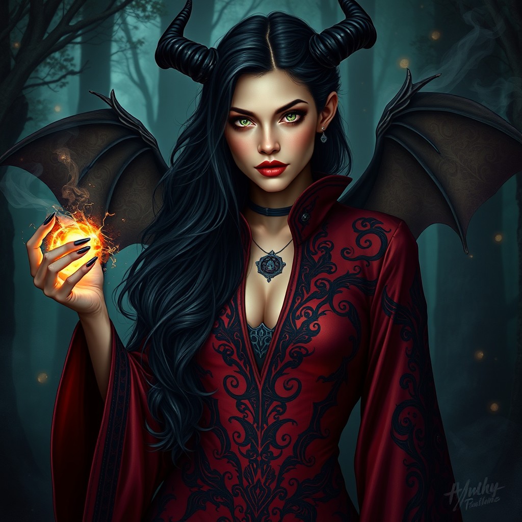 A realistic depiction of a succubus warlock, featuring an enchanting female figure with delicate, yet striking features