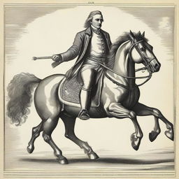 A man clad in logical, scientific attire, seated on a majestic horse gracefully galloping forward