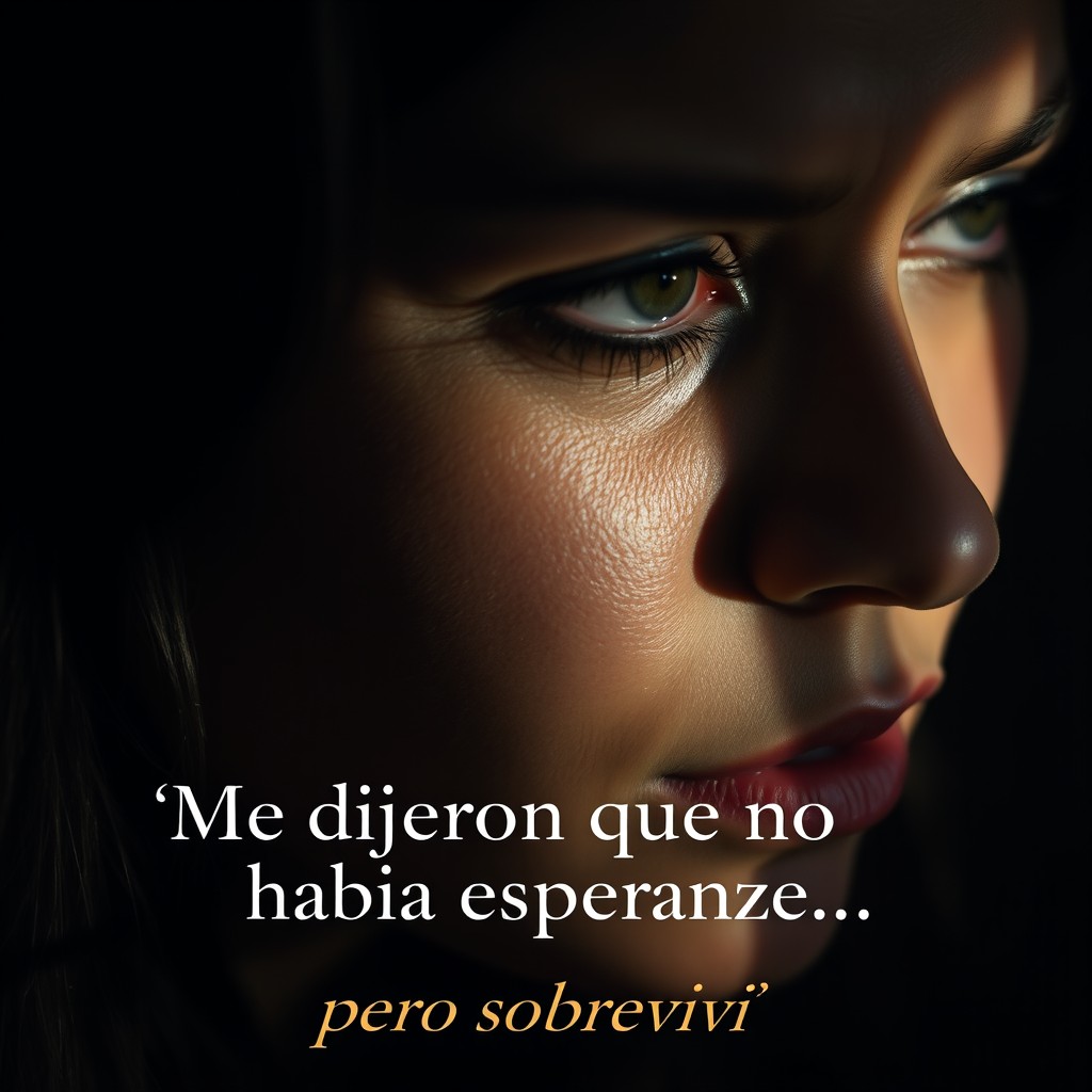 Close-up of a Latina woman with contained tears, set against a dark background with soft lighting partially illuminating her face, creating deep shadow effects