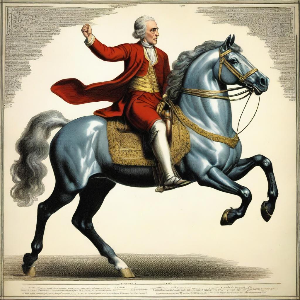 A man clad in logical, scientific attire, seated on a majestic horse gracefully galloping forward