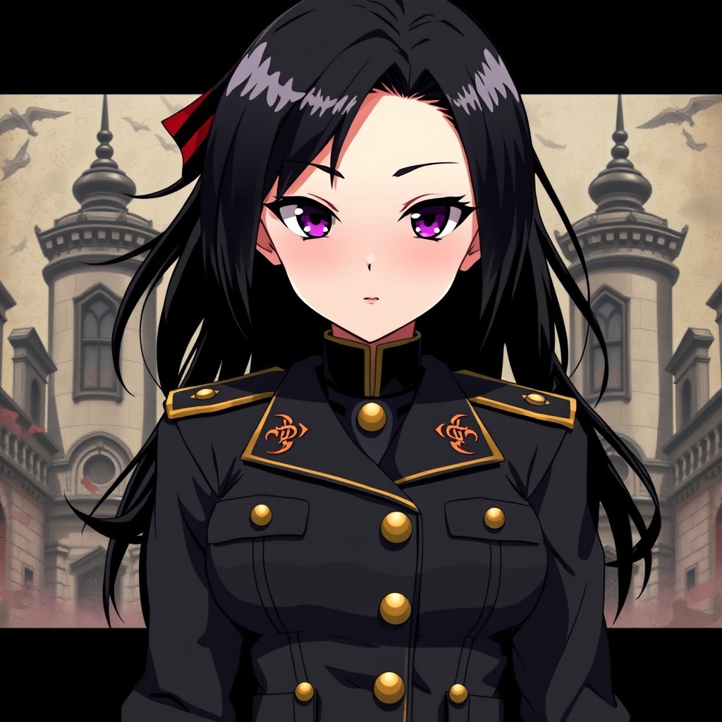 An anime girl wearing a black military uniform inspired by the Greek Golden Dawn, with striking black hair and captivating red and purple eyes