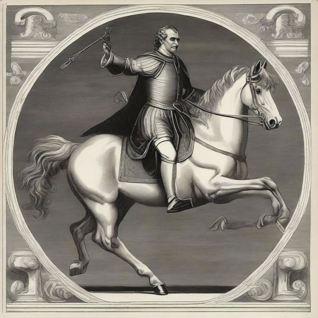 A man clad in logical, scientific attire, seated on a majestic horse gracefully galloping forward