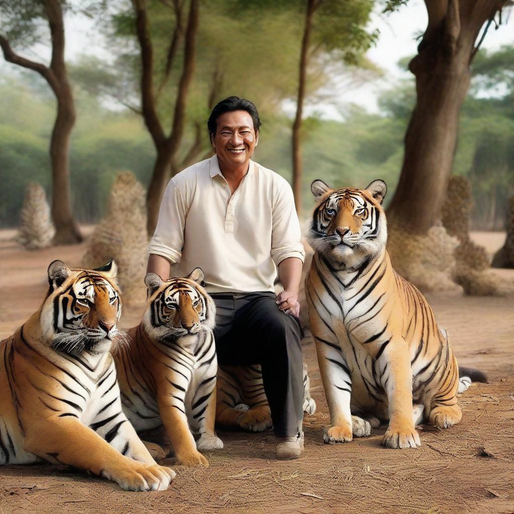 A man happily surrounded by four imposing tigers and two loyal dogs in a serene natural setting.