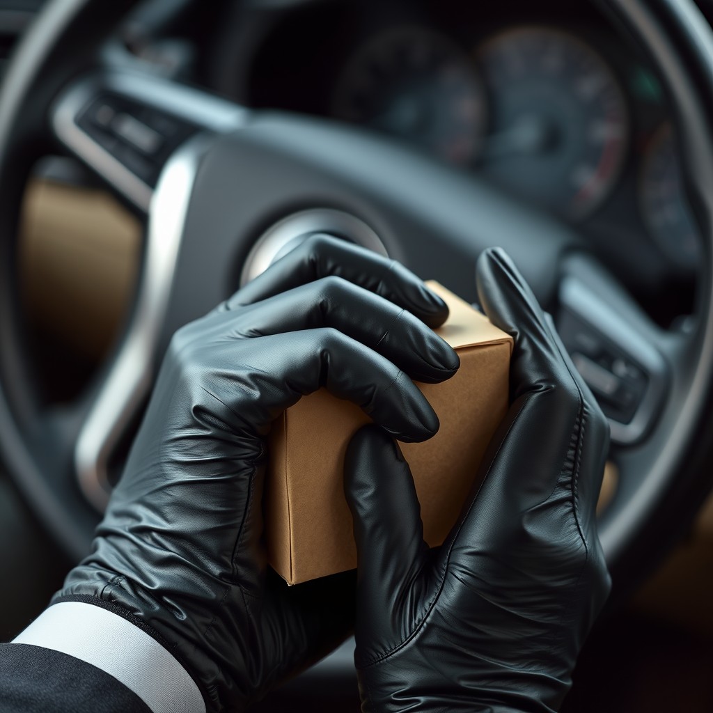 A pair of sleek black leather gloves holding a small cardboard box, with a detailed car steering wheel in the blurred background, showcasing an atmosphere of sophistication and intrigue, capturing the elegance of the gloves and the subtle textures of the cardboard box, emphasizing the contrast between the luxury of the gloves and the everyday nature of the box