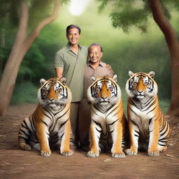 A man happily surrounded by four imposing tigers and two loyal dogs in a serene natural setting.