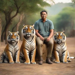 A man happily surrounded by four imposing tigers and two loyal dogs in a serene natural setting.