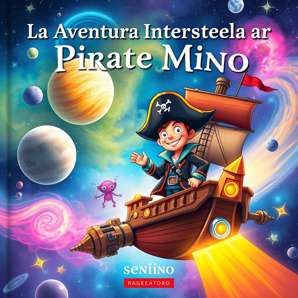 A captivating book cover illustration for the title 'La Aventura Interestelar del Pirata Mino'