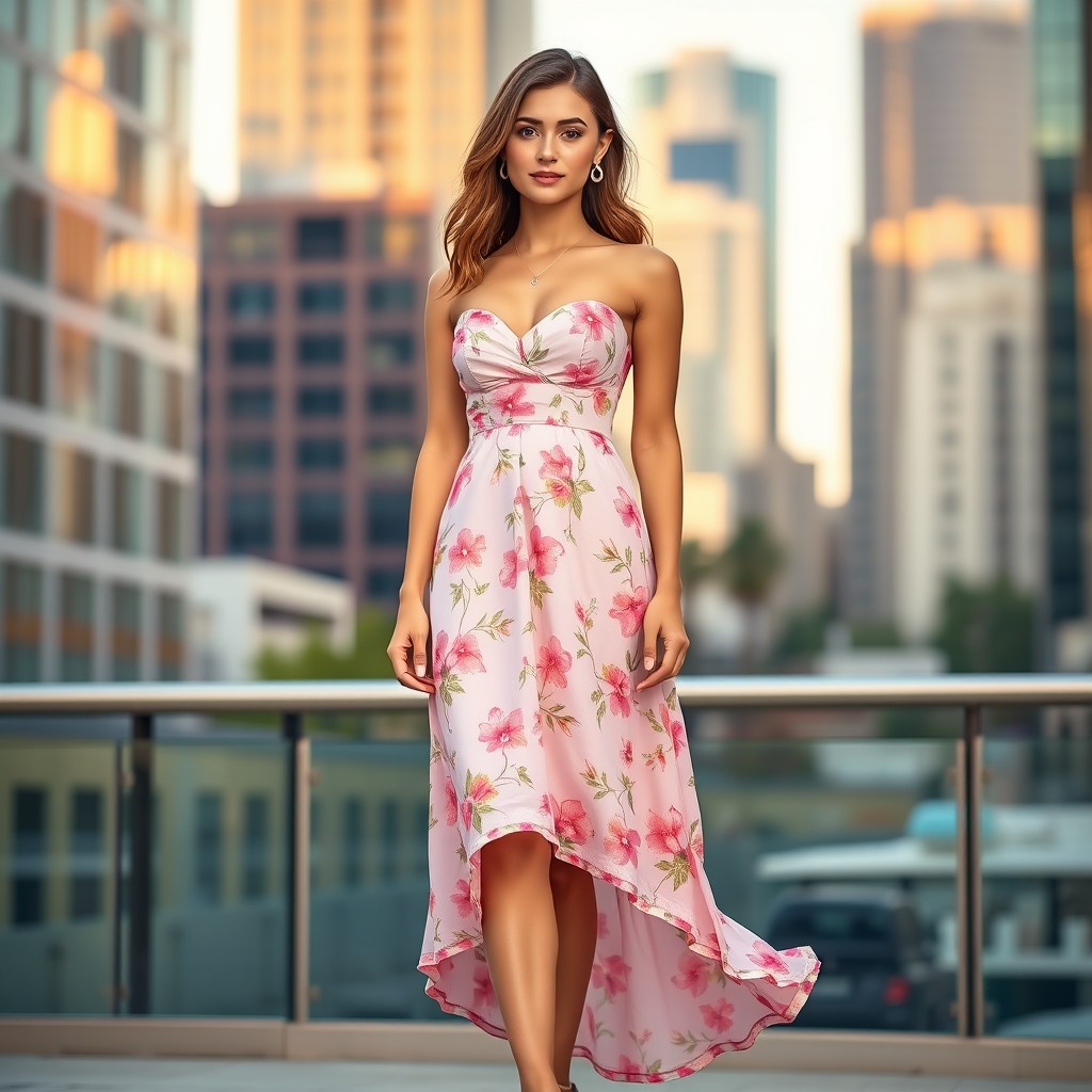 A stunning young woman wearing a chic, fashionable dress that elegantly flows down to the knees