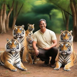 A man happily surrounded by four imposing tigers and two loyal dogs in a serene natural setting.