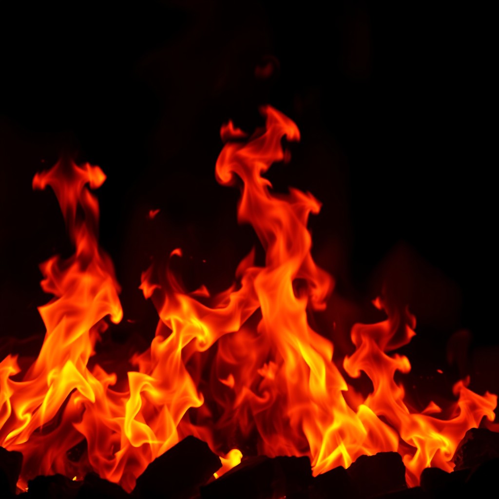A stunning depiction of vibrant flames dancing in a darkened background, illuminating the surroundings with a warm glow