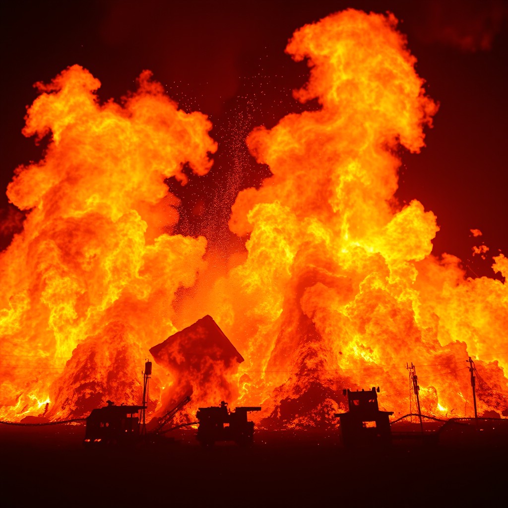 A dramatic scene featuring large, roaring flames and a massive fire engulfing an area, with bright, vivid colors of orange, yellow, and red flames creating a dynamic visual effect
