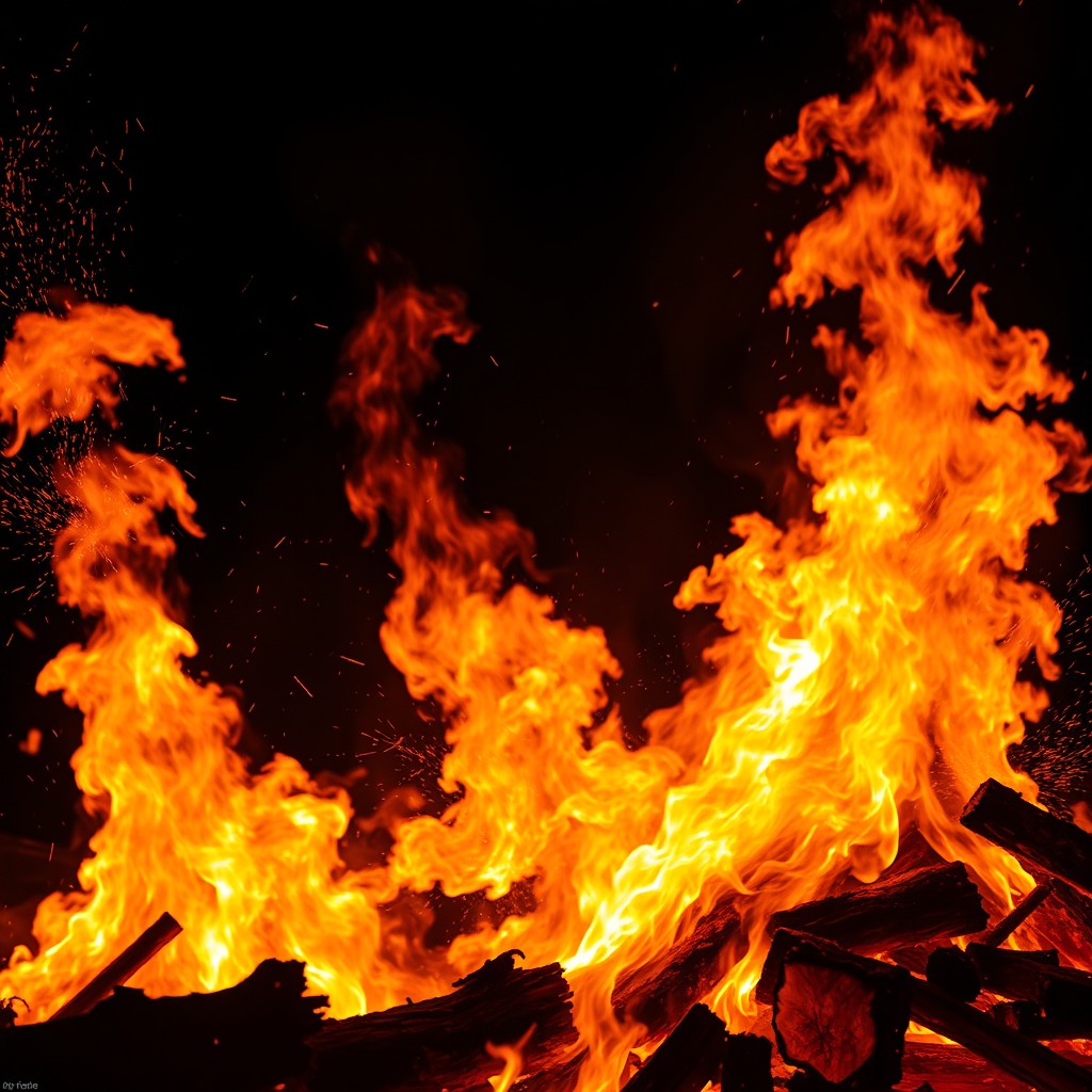 A breathtaking scene depicting a massive fire with roaring flames and glowing embers, illuminating the dark surroundings