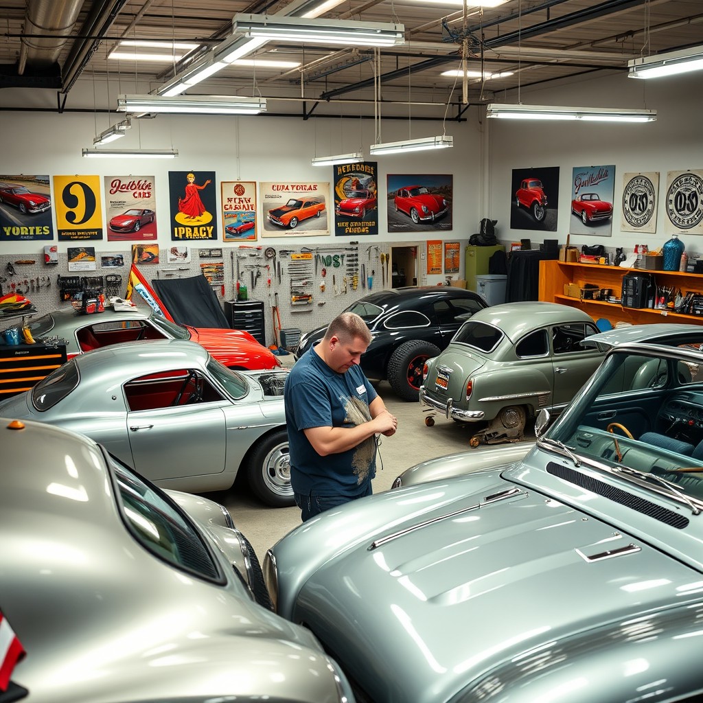 An automotive restomod workspace featuring a spacious garage filled with classic cars partially restored and in various stages of customization