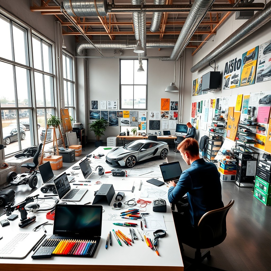 A vibrant automotive design creative workspace filled with innovative car prototypes, sketches, and design models