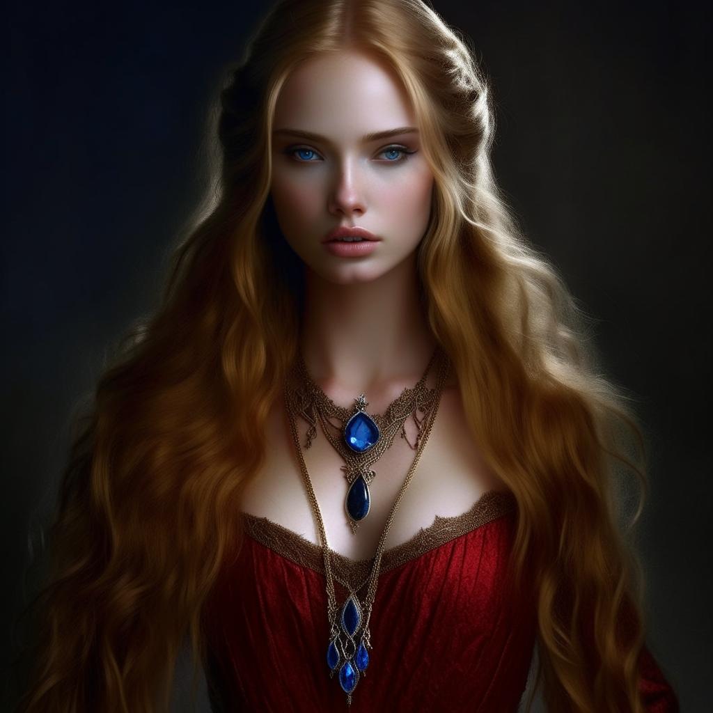 Generate an image of Francesca Findabair described as the most beautiful woman in the world with sharp elven features, pointed ears, captivating blue eyes decorated with dark kohl, and majestic long golden hair. She's dressed in an exquisite crimson dress, complimented with a red Ruby necklace, without using a blue stone in the jewellery.