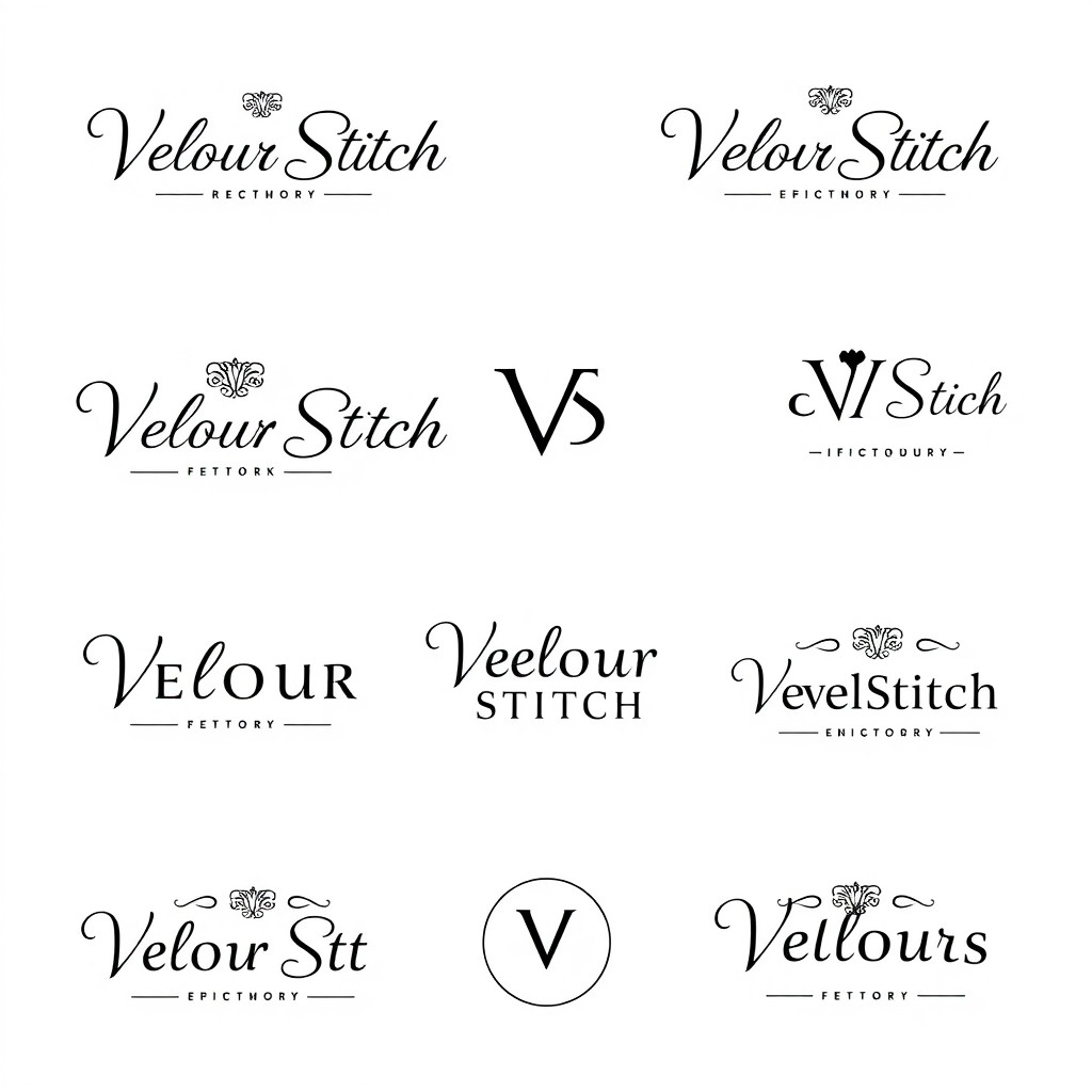 A collage of 9 logo designs featuring the words "Velour Stitch" and monogram variations in a graphic style