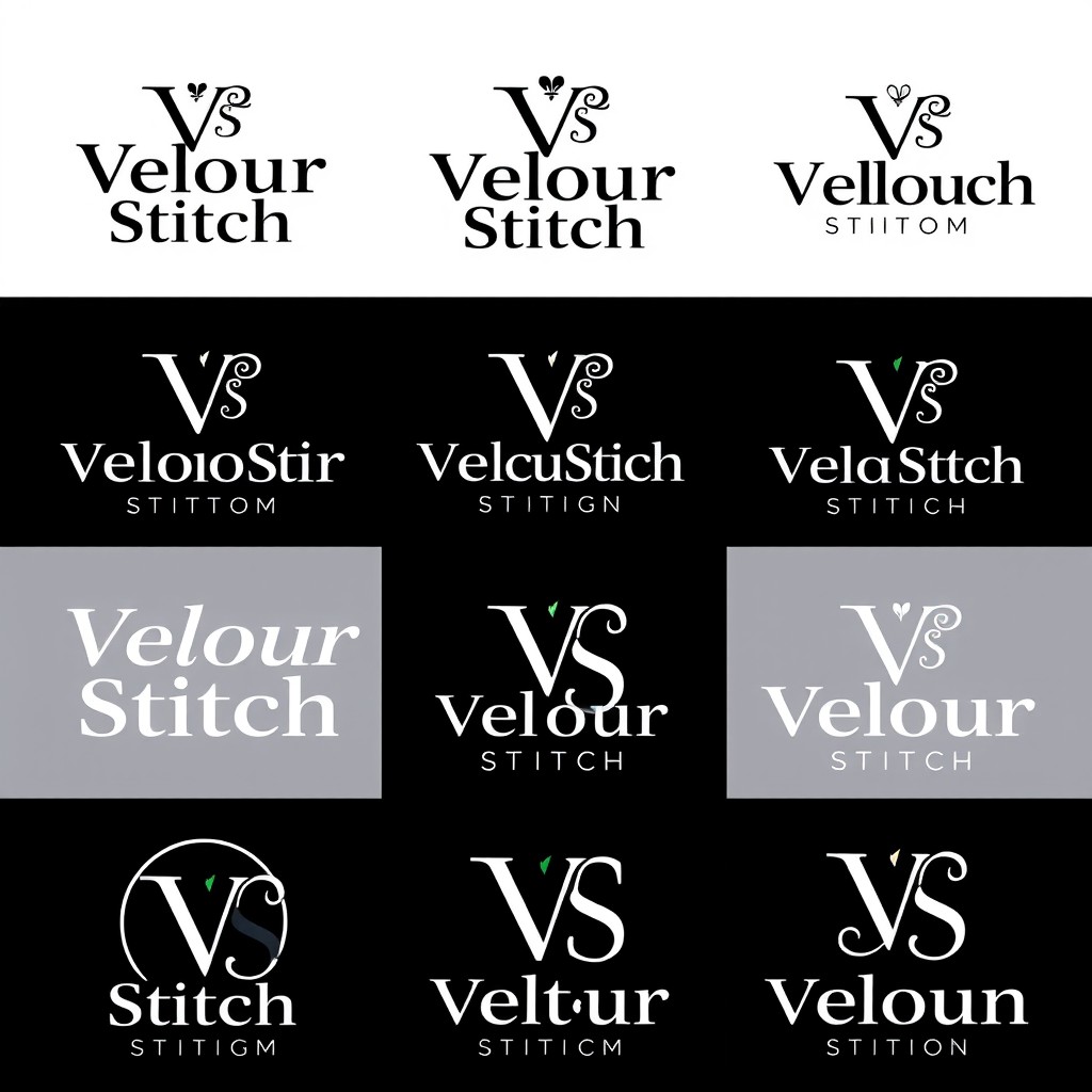 A collage of 9 logo designs featuring the words "Velour Stitch" and creative monogram variations presented in a sleek, graphic style